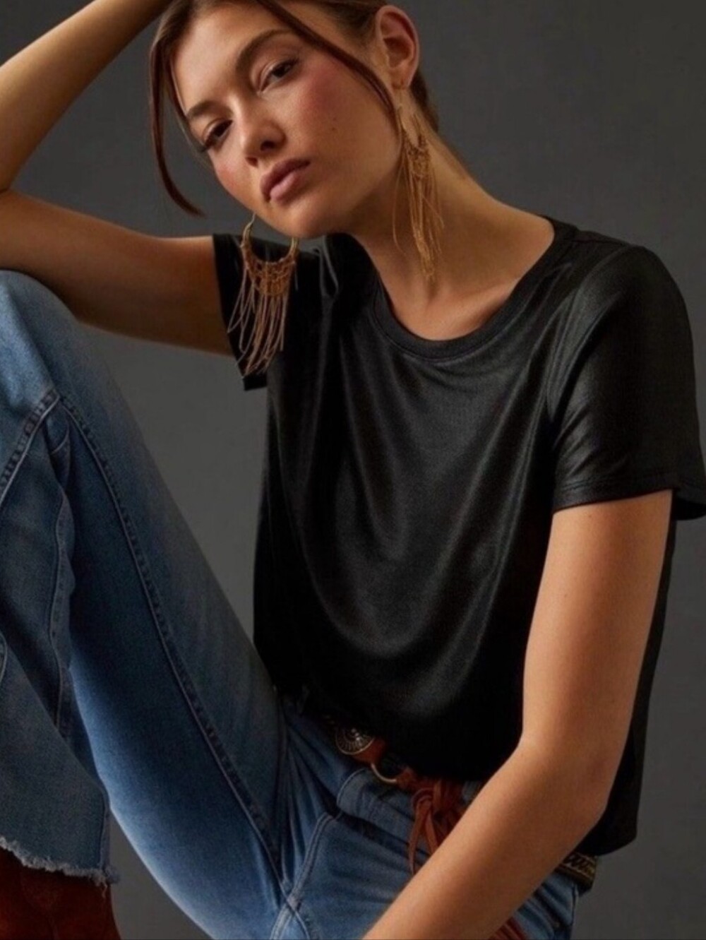 Women's Black Noir Porridge Anthropologie Semi Sheer Short Sleeve Tee Tops Small